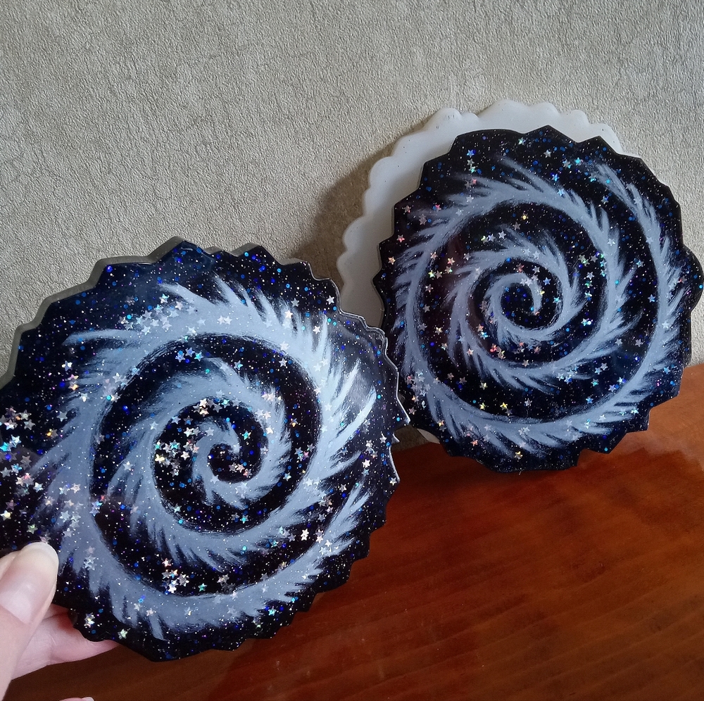 Black galaxy resin coasters with purple blue star holographic glitter handmade
